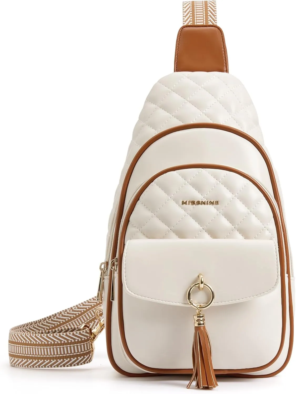 Missnine PU Leather Sling Bag for Women Crossbody Fanny Pack Quilted Chest Purse Trendy Travel Bag for Hiking Cycling with Tassel