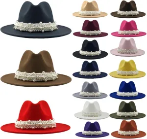 Miyaomn Women's Vintage Pearl Band Wool Fedora Hat Female Trendy Comfy Wide Brim Felt Ladies Classic Trilby Floppy Panama Hat