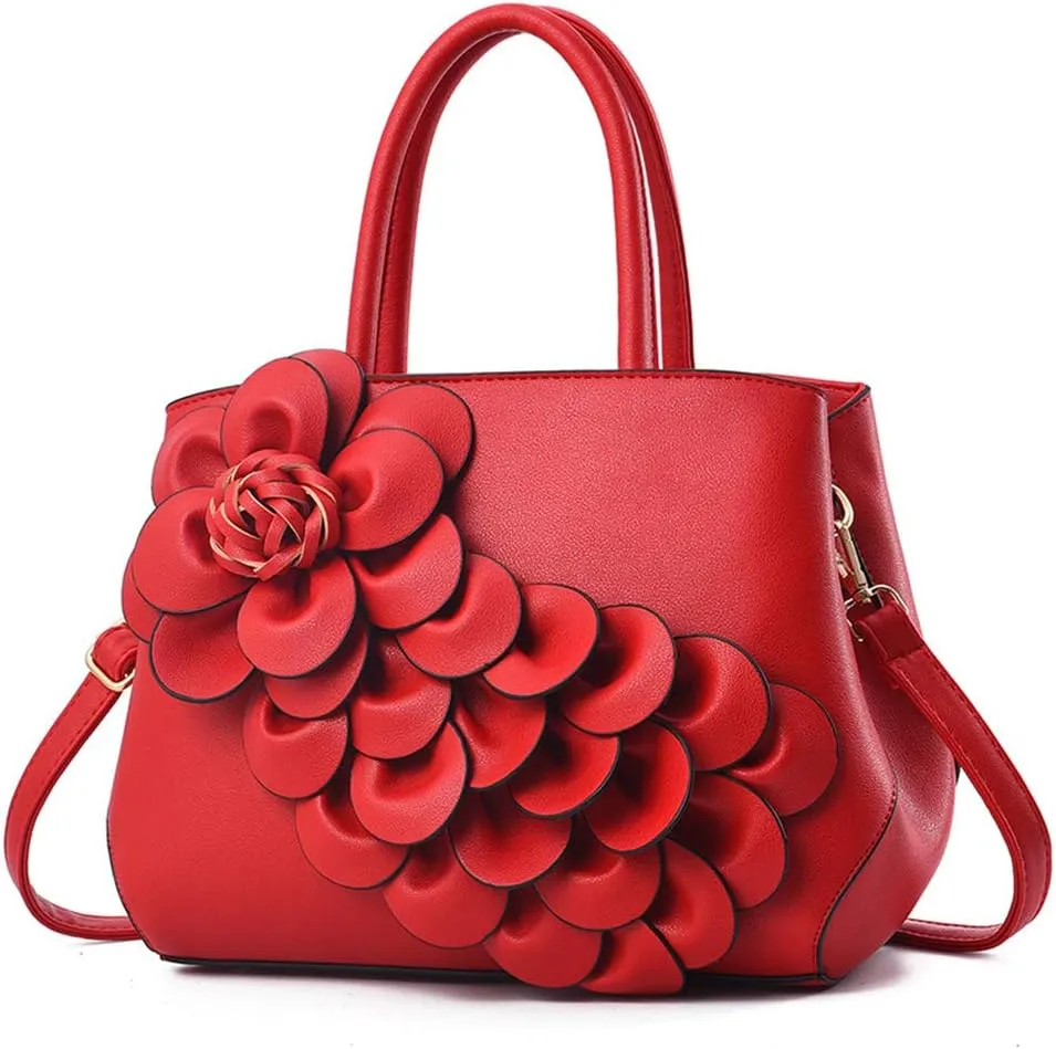 Mn&Sue Ladies Top Handle Satchel 3D Flower Women Elegant Handbags Pu Leather Crossbody Tote Purse