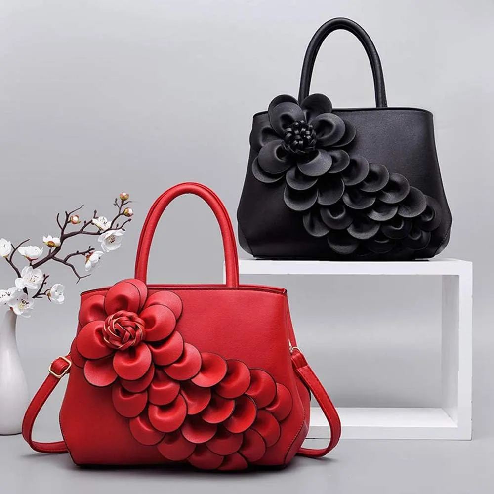 Mn&Sue Ladies Top Handle Satchel 3D Flower Women Elegant Handbags Pu Leather Crossbody Tote Purse