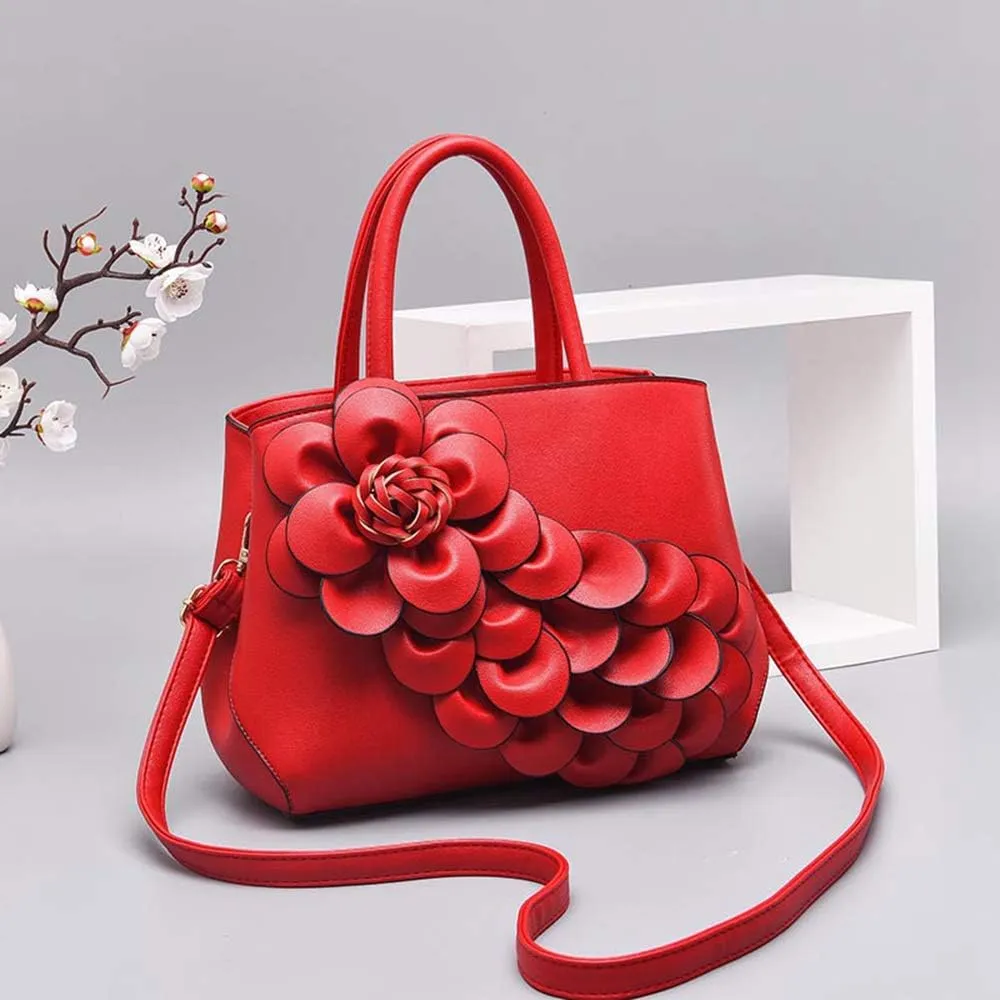 Mn&Sue Ladies Top Handle Satchel 3D Flower Women Elegant Handbags Pu Leather Crossbody Tote Purse