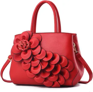 Mn&Sue Ladies Top Handle Satchel 3D Flower Women Elegant Handbags Pu Leather Crossbody Tote Purse