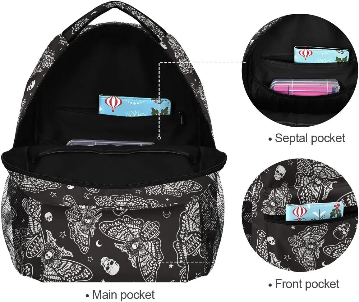 MNSRUU Student School Bag Black Goth Butterfly Moth Backpack for Girls Boys College Bookbag Laptop Rucksack Travel Backpack for Adult Teen Casual Daypack