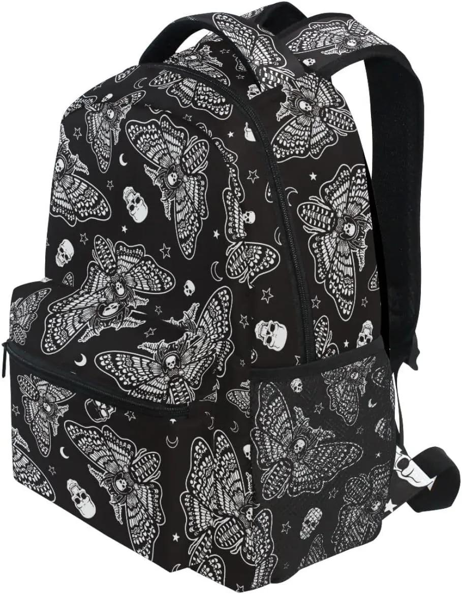MNSRUU Student School Bag Black Goth Butterfly Moth Backpack for Girls Boys College Bookbag Laptop Rucksack Travel Backpack for Adult Teen Casual Daypack