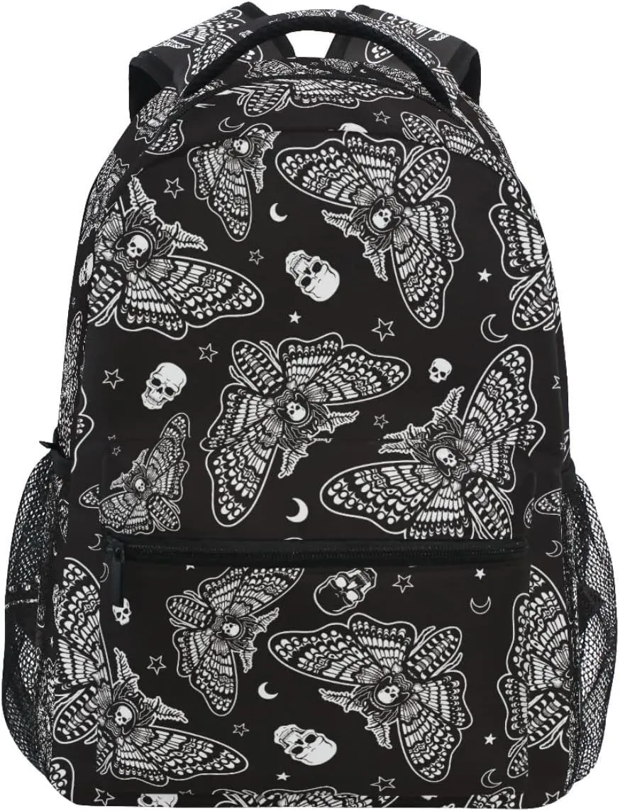 MNSRUU Student School Bag Black Goth Butterfly Moth Backpack for Girls Boys College Bookbag Laptop Rucksack Travel Backpack for Adult Teen Casual Daypack