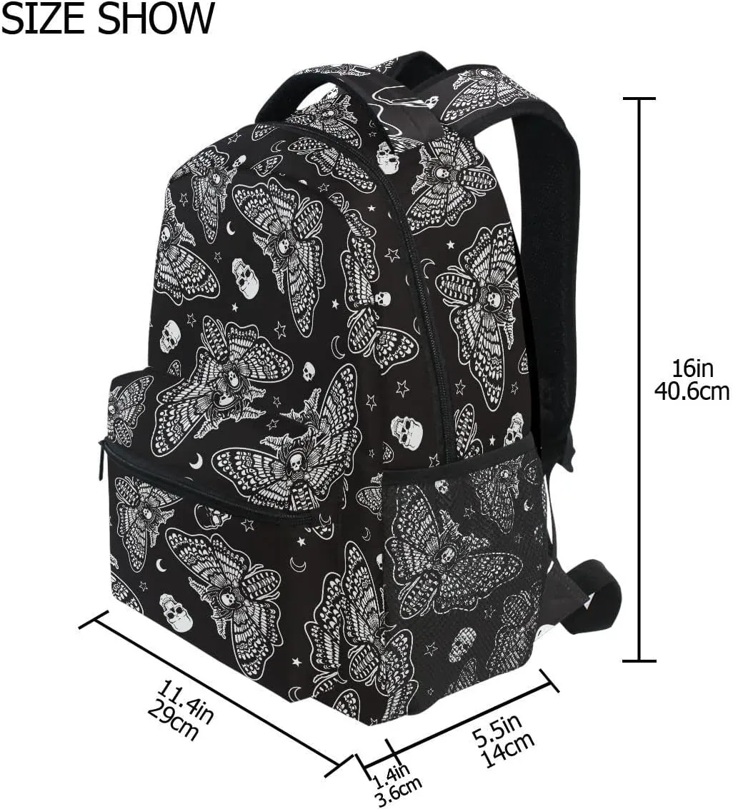 MNSRUU Student School Bag Black Goth Butterfly Moth Backpack for Girls Boys College Bookbag Laptop Rucksack Travel Backpack for Adult Teen Casual Daypack