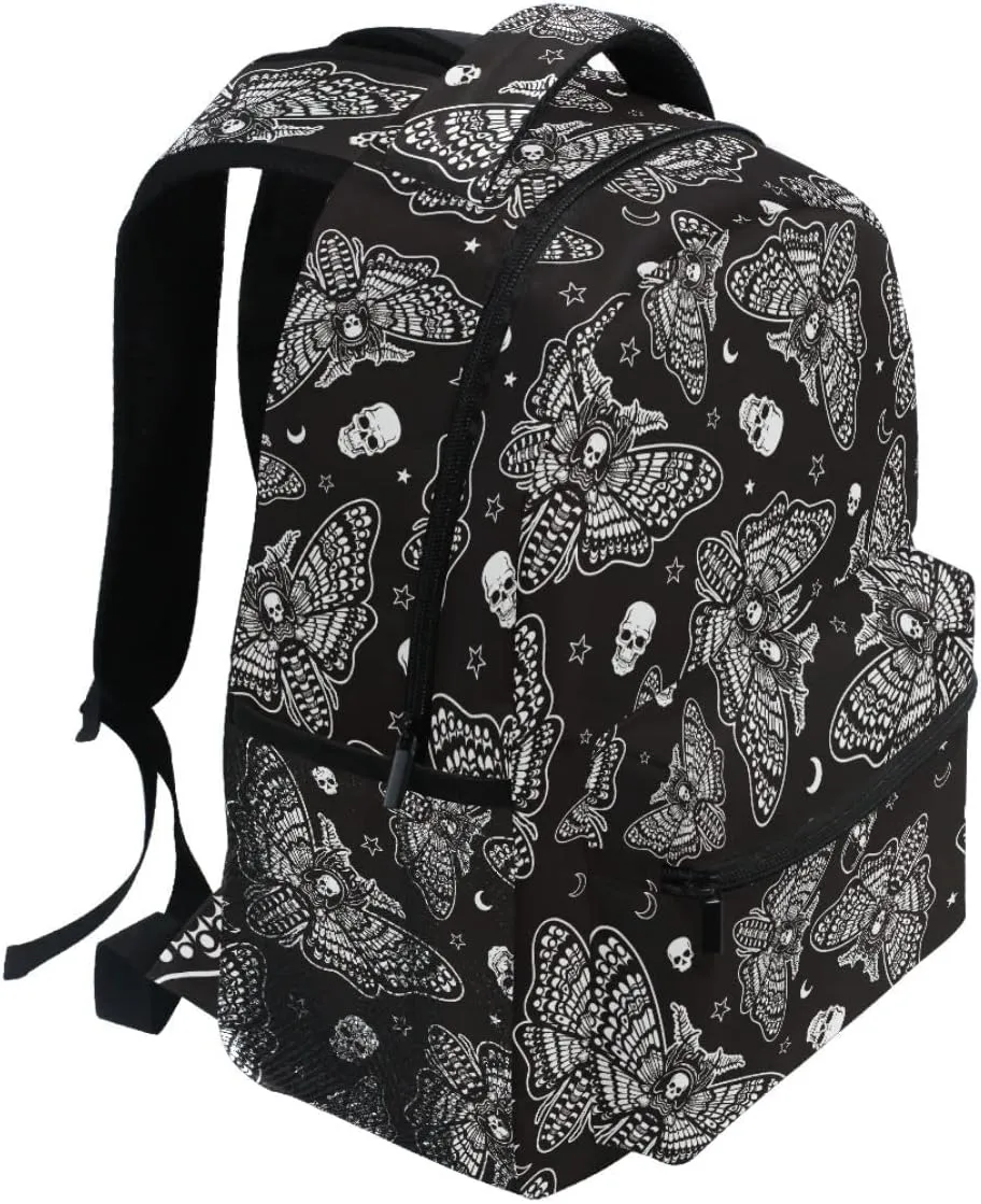 MNSRUU Student School Bag Black Goth Butterfly Moth Backpack for Girls Boys College Bookbag Laptop Rucksack Travel Backpack for Adult Teen Casual Daypack
