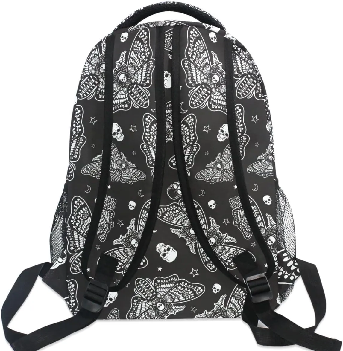 MNSRUU Student School Bag Black Goth Butterfly Moth Backpack for Girls Boys College Bookbag Laptop Rucksack Travel Backpack for Adult Teen Casual Daypack