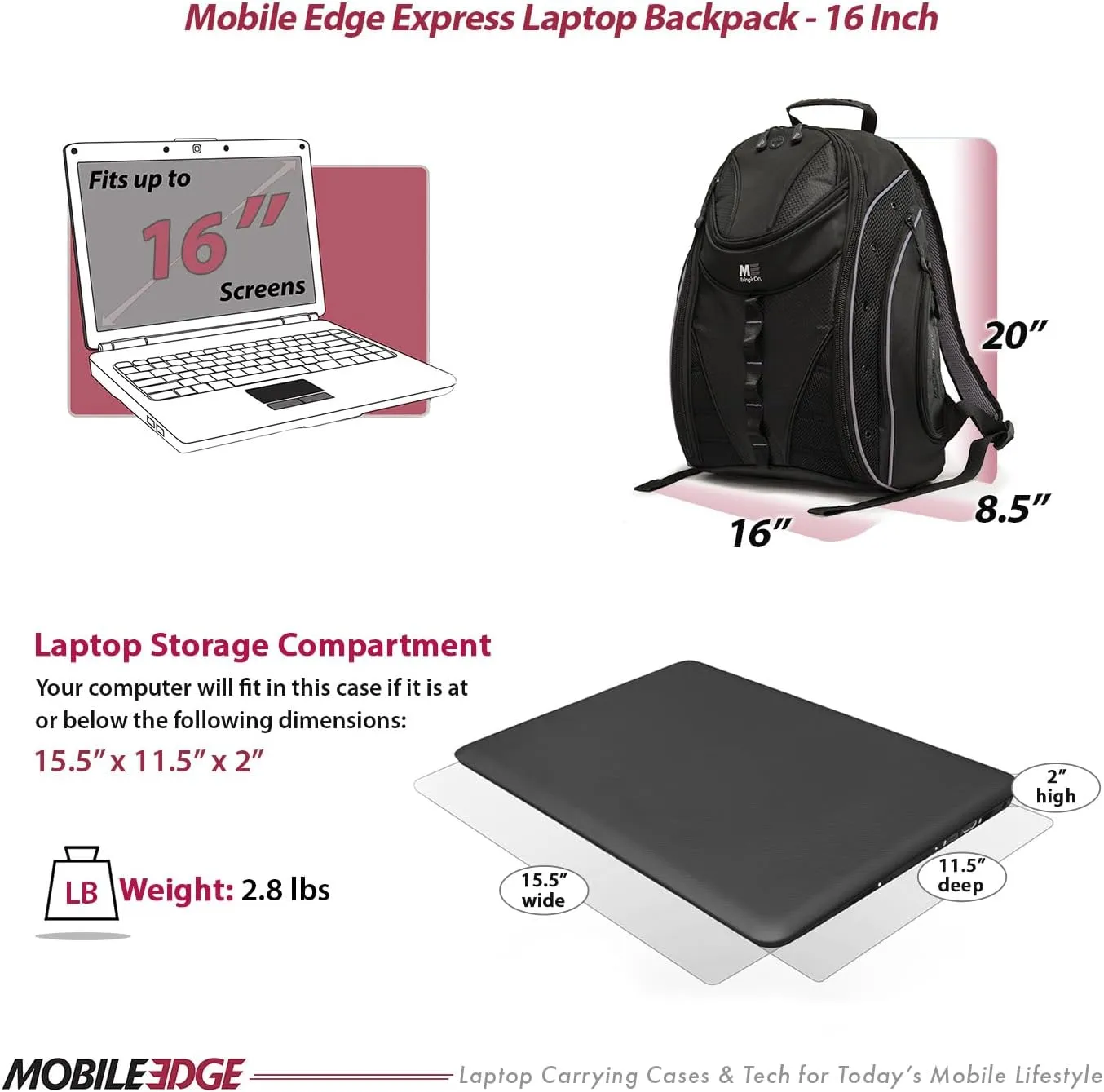 Mobile Edge ​​Express 2.0 Laptop Backpack for Men and Women, Compatible with PC and Mac Laptops 16-17 Inch, Travel Work Business Computer Bag, MEBPE22, Black with Silver Trim