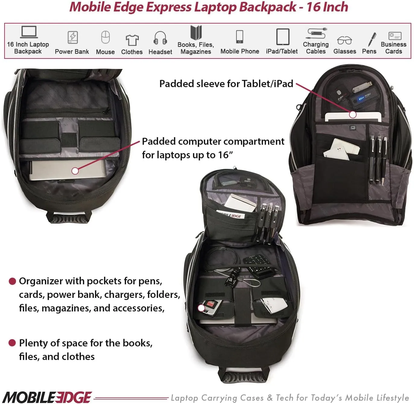 Mobile Edge ​​Express 2.0 Laptop Backpack for Men and Women, Compatible with PC and Mac Laptops 16-17 Inch, Travel Work Business Computer Bag, MEBPE22, Black with Silver Trim