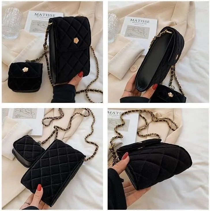 Mobile Phone Bag Diagonal Shoulder Bags Women's Velvet Rhombus Mini Letter Zero Purse Handbag