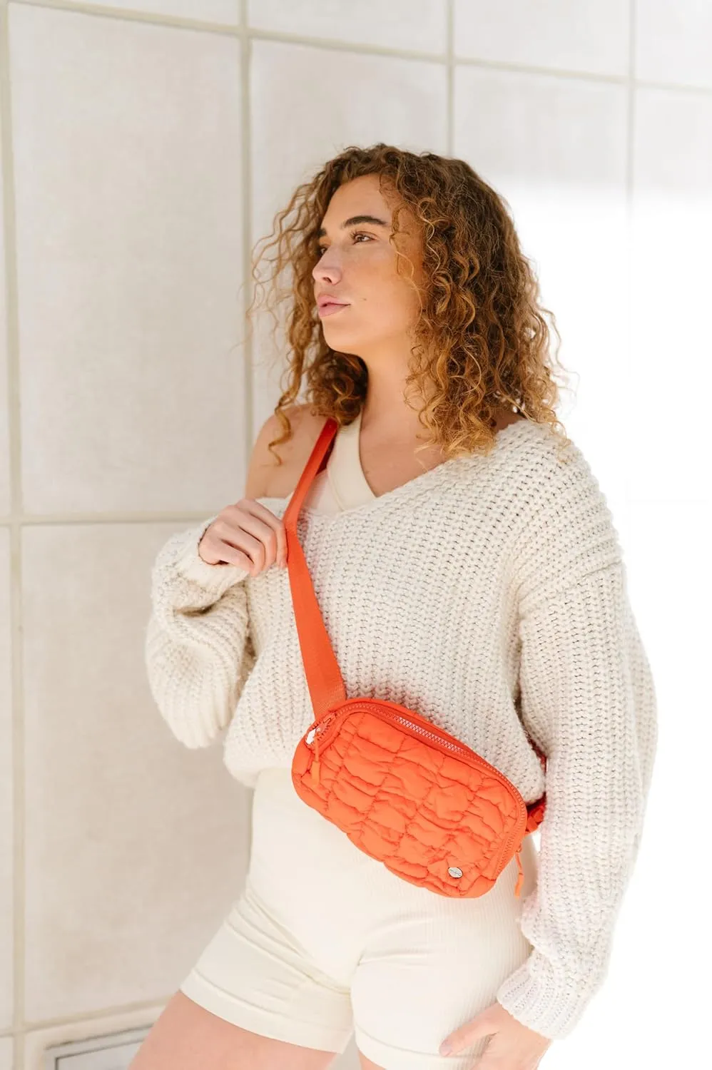 Modern Chic Belt Bag for Women - Atlas Quilted Belt Bag, Nylon Puffer Crossbody Bag with Pockets and Adjustable Strap (Vivid Orange)