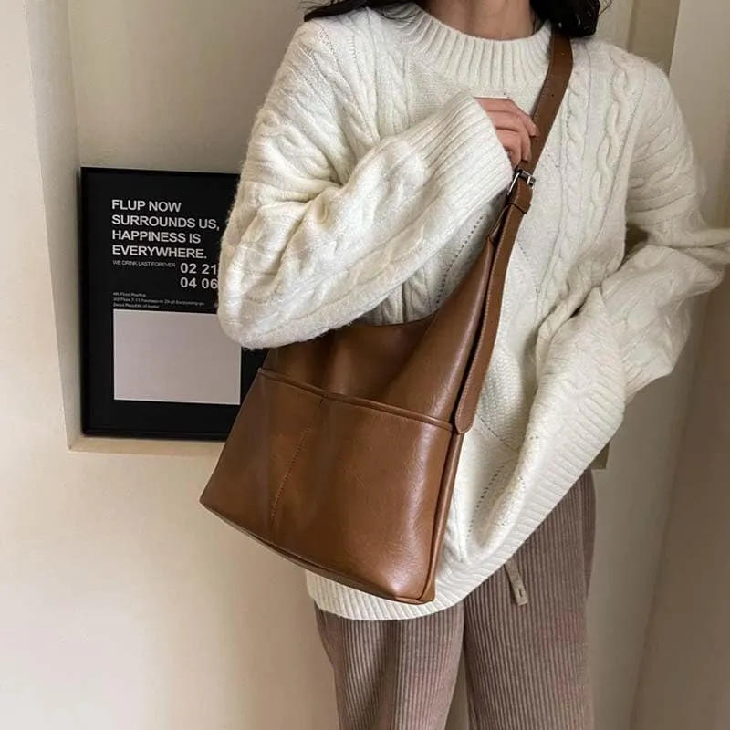 Molodo PU Leather Tote Bag for Women Slouchy Hobo Bag Casual Shoulder Bag Crossbody Bag Retro Soft Tote Handbag Purses