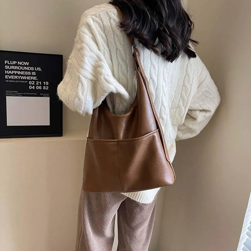 Molodo PU Leather Tote Bag for Women Slouchy Hobo Bag Casual Shoulder Bag Crossbody Bag Retro Soft Tote Handbag Purses
