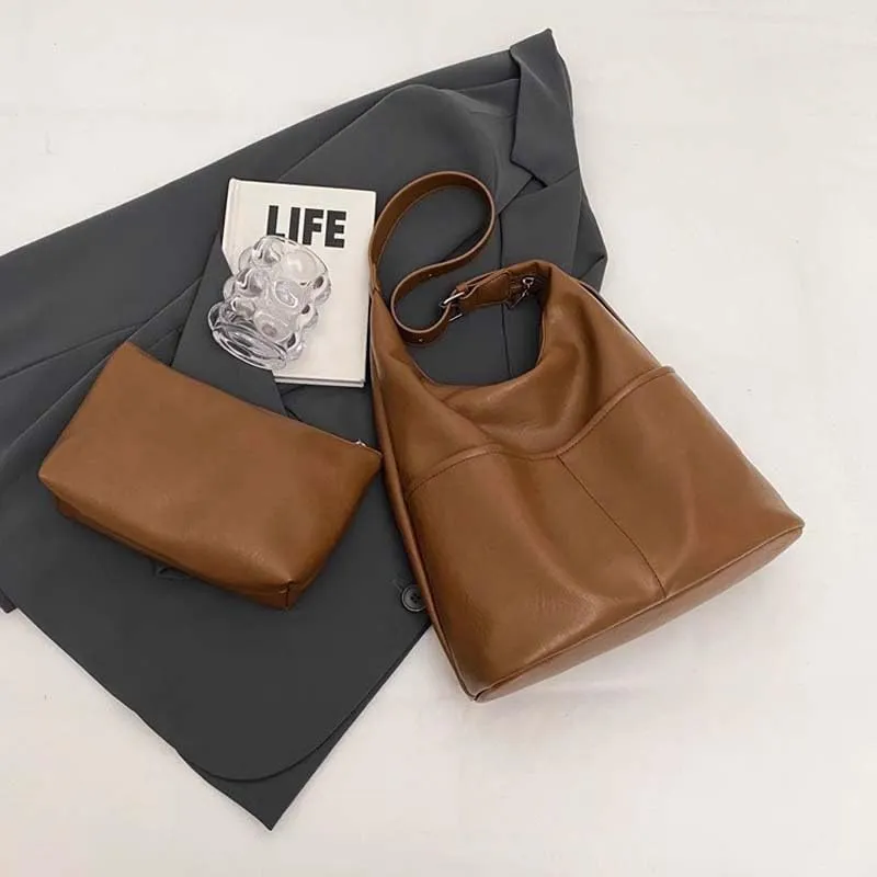 Molodo PU Leather Tote Bag for Women Slouchy Hobo Bag Casual Shoulder Bag Crossbody Bag Retro Soft Tote Handbag Purses