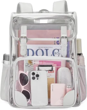 mommore Clear Backpack Heavy Duty Large Clear Backpacks for School Transparent PVC See Through Bag with Leather Trim