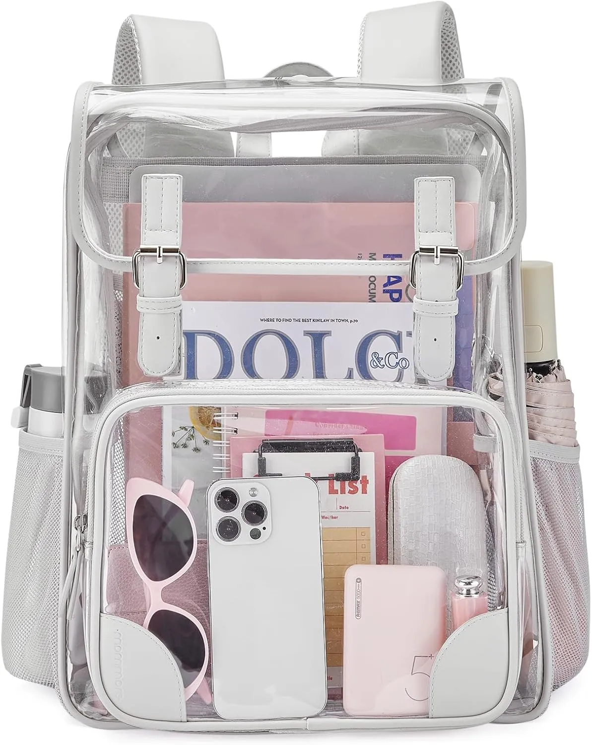 mommore Clear Backpack Heavy Duty Large Clear Backpacks for School Transparent PVC See Through Bag with Leather Trim
