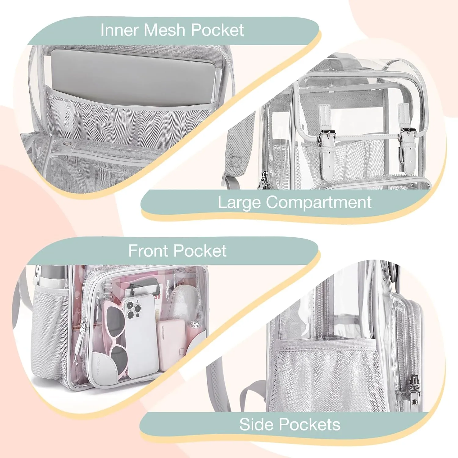 mommore Clear Backpack Heavy Duty Large Clear Backpacks for School Transparent PVC See Through Bag with Leather Trim