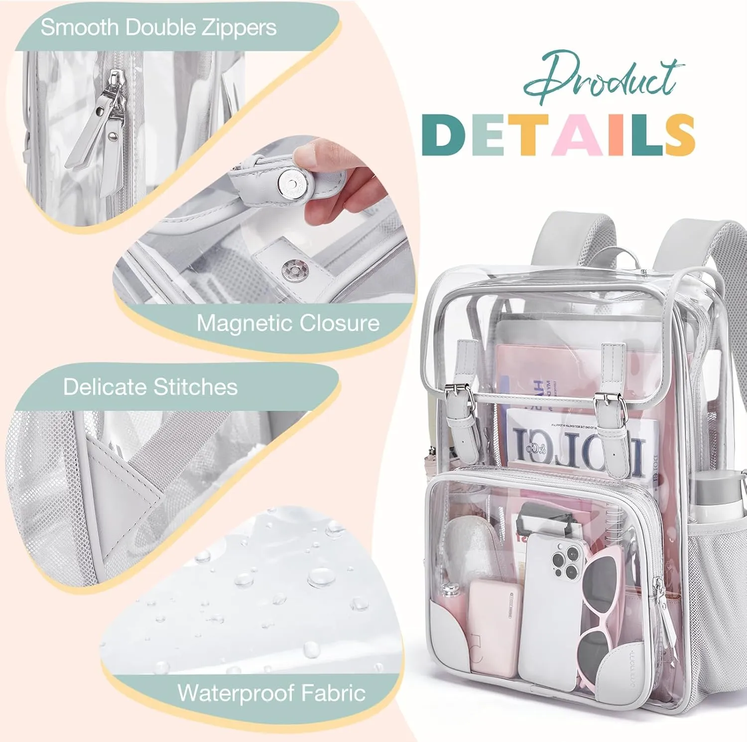 mommore Clear Backpack Heavy Duty Large Clear Backpacks for School Transparent PVC See Through Bag with Leather Trim