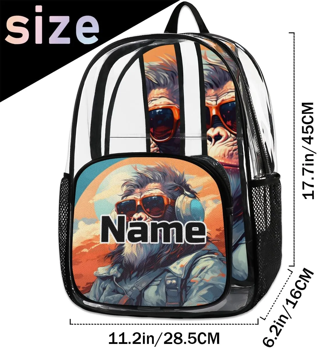 Monkey Gorilla Personalized Clear Backpack Custom Large Clear Backpack Heavy Duty PVC Transparent Backpack with Reinforced Strap