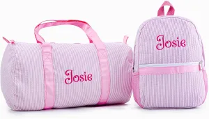 MT WORLD Kids' Backpacks and Travel Duffel Bags Set, Personalized Overnight Bags for Girls Boys with Embroidered Name, Seersucker Backpacks with Weekender Bag, Toddler Travel Bag