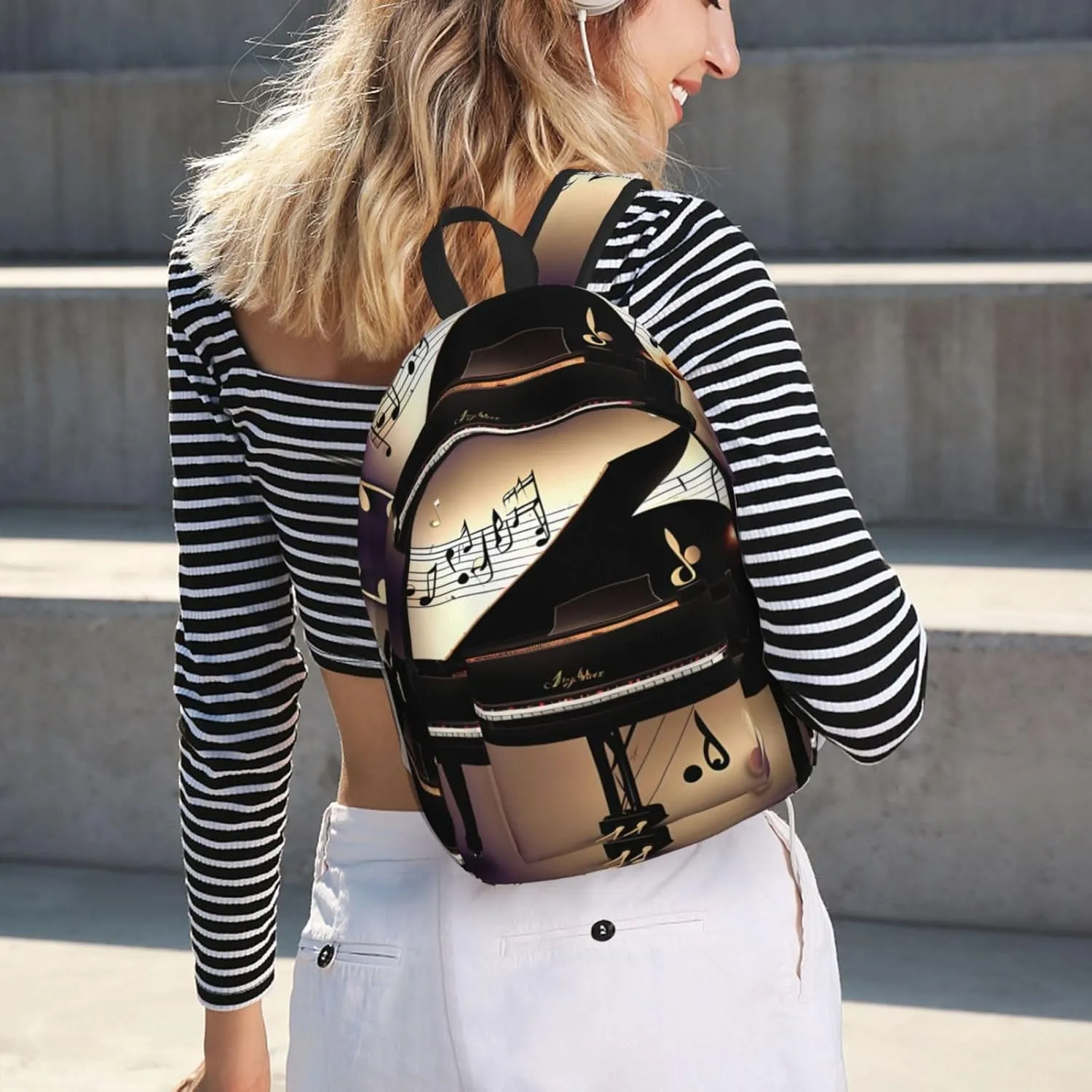 Music Note Piano Print Canvas Laptop Backpack Outdoor Casual Travel Bag Daypack Book Bag For Men Women
