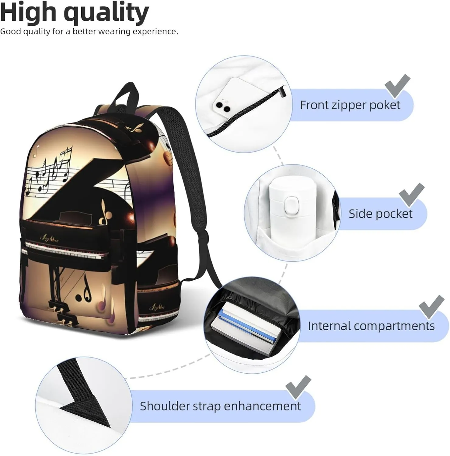 Music Note Piano Print Canvas Laptop Backpack Outdoor Casual Travel Bag Daypack Book Bag For Men Women