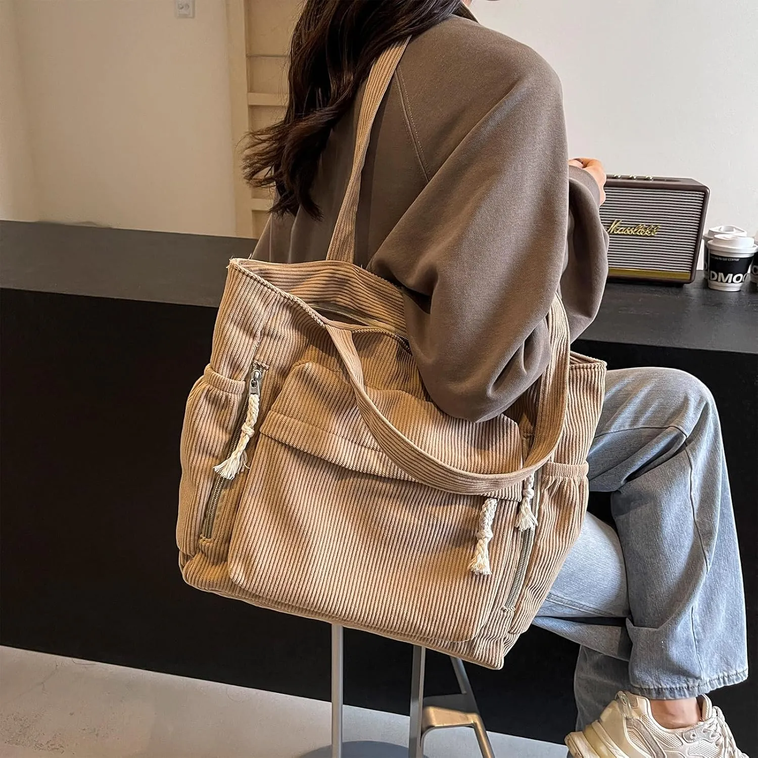 MYHOZEE Corduroy Crossbody Bags for Women Slouchy Hobo Bag Shoulder Bag Large Crescent Cross Body Bag Purses for Woman Zipper