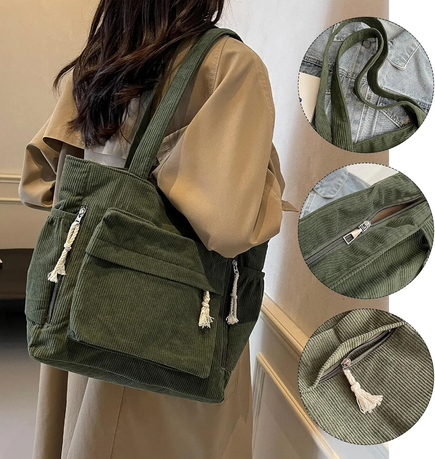 MYHOZEE Corduroy Crossbody Bags for Women Slouchy Hobo Bag Shoulder Bag Large Crescent Cross Body Bag Purses for Woman Zipper