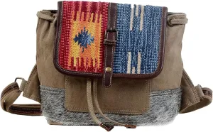 Myra Bag Western Leather Backpack Bag for Women - Flapover Upcycled Canvas Cowhide Bag Amber and Azure