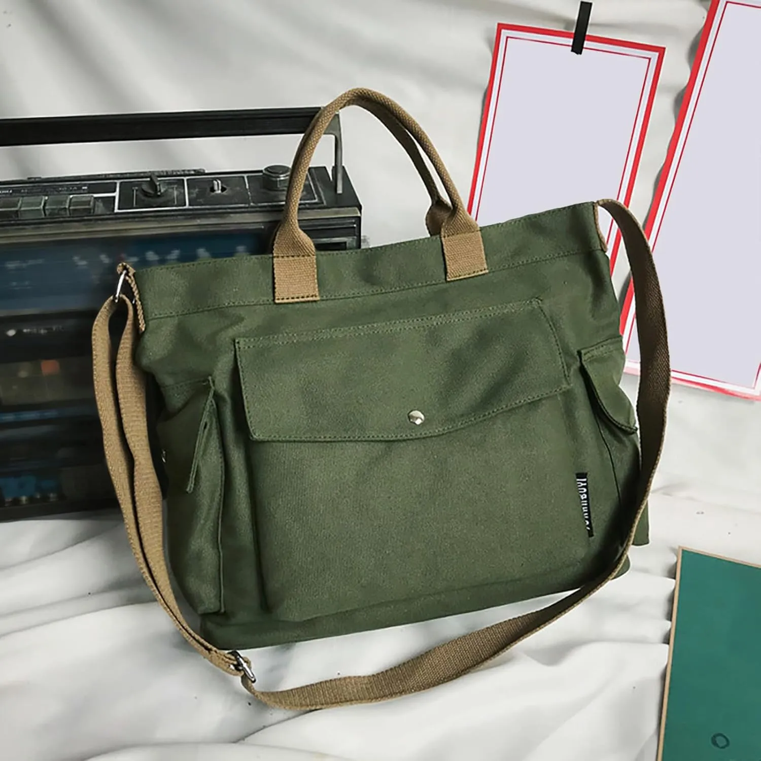 New Canvas Solid Color Simple Fashion One Shoulder Messenger Bag One Shoulder Bags (Green, One Size)