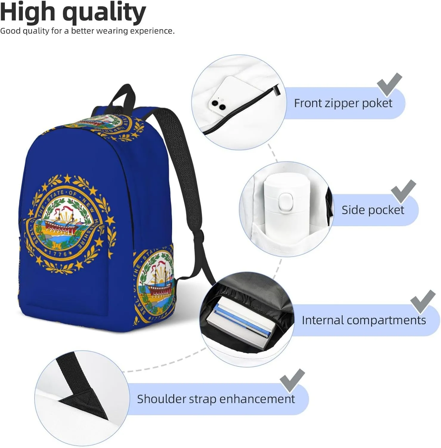New Hampshire state flag print Large Laptop Backpack for Women, Work Business Backpacks College Bookbag for School