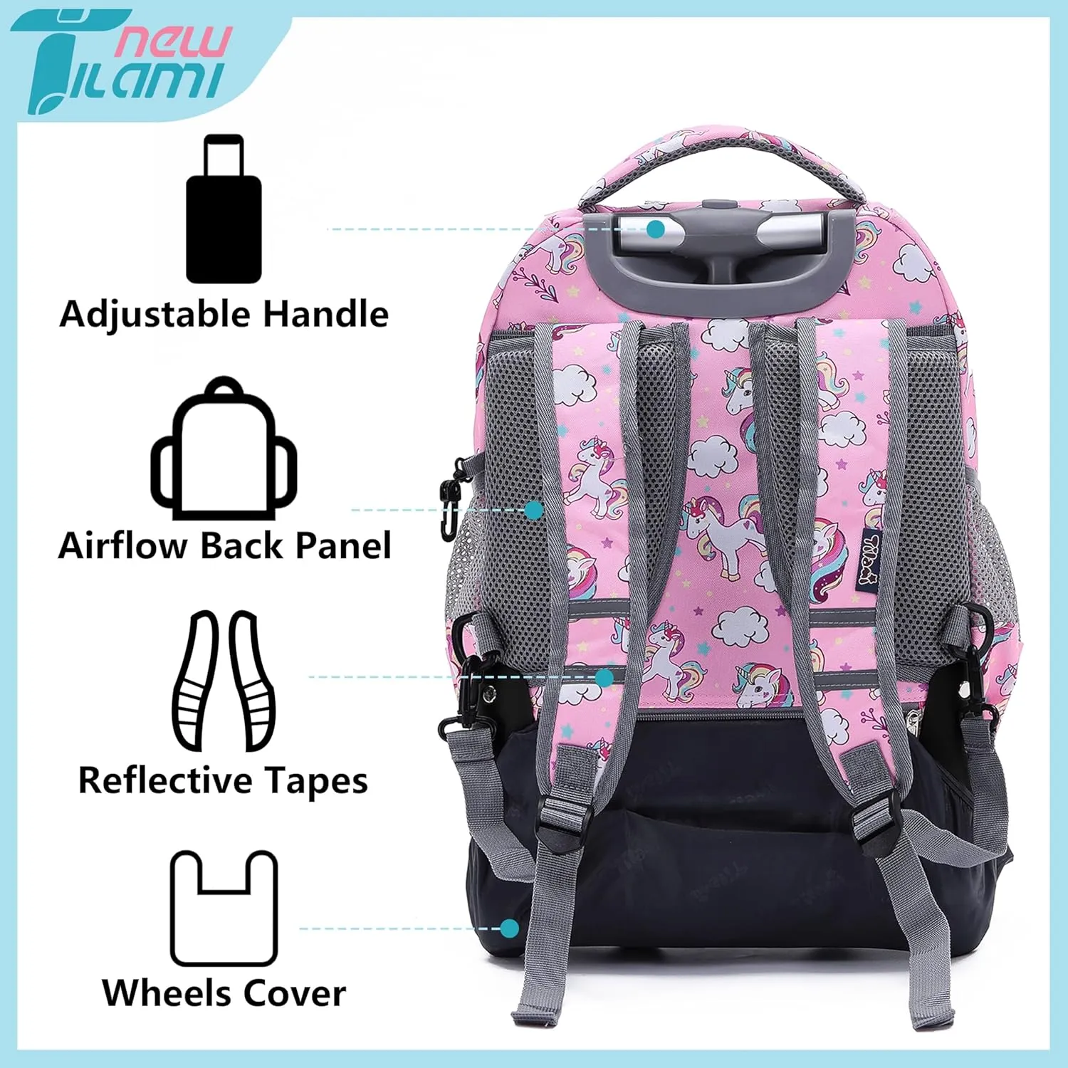 NEW TILAMI 16 Inches Kid Rolling Backpack for Kids Adjustable Laptop Suitcase Backpack with Wheels for Girls to School Travel Camping Boys Rolling Backpack Cute Unicorn