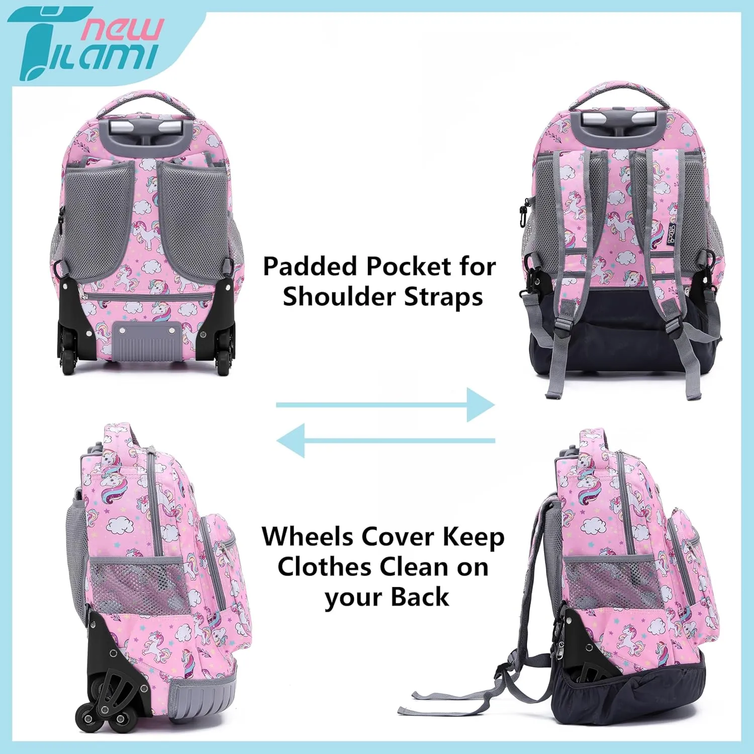 NEW TILAMI 16 Inches Kid Rolling Backpack for Kids Adjustable Laptop Suitcase Backpack with Wheels for Girls to School Travel Camping Boys Rolling Backpack Cute Unicorn