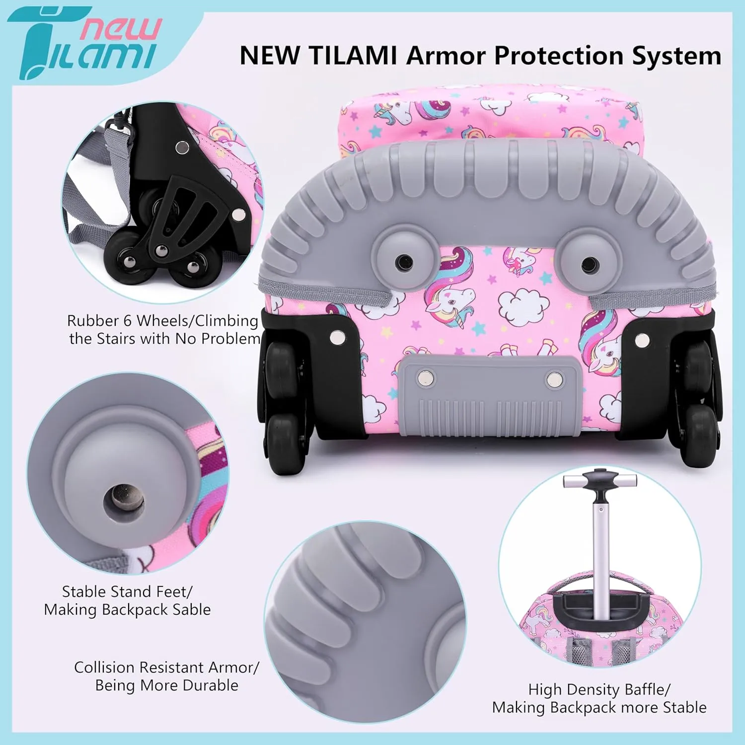 NEW TILAMI 16 Inches Kid Rolling Backpack for Kids Adjustable Laptop Suitcase Backpack with Wheels for Girls to School Travel Camping Boys Rolling Backpack Cute Unicorn
