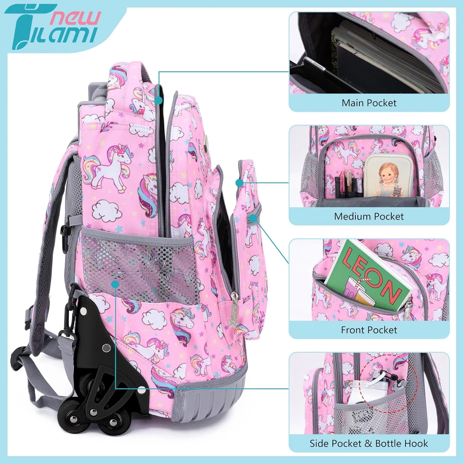 NEW TILAMI 16 Inches Kid Rolling Backpack for Kids Adjustable Laptop Suitcase Backpack with Wheels for Girls to School Travel Camping Boys Rolling Backpack Cute Unicorn