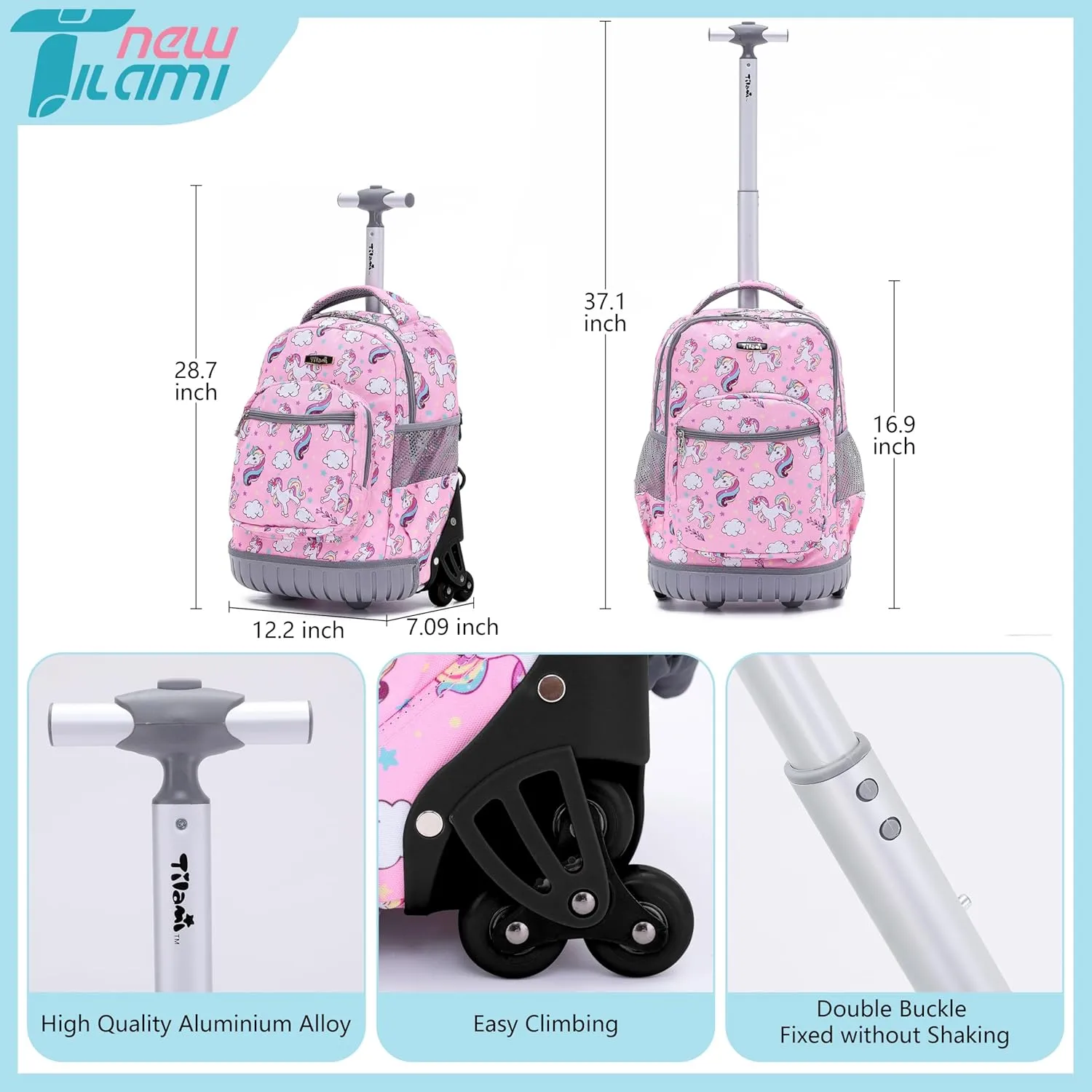 NEW TILAMI 16 Inches Kid Rolling Backpack for Kids Adjustable Laptop Suitcase Backpack with Wheels for Girls to School Travel Camping Boys Rolling Backpack Cute Unicorn