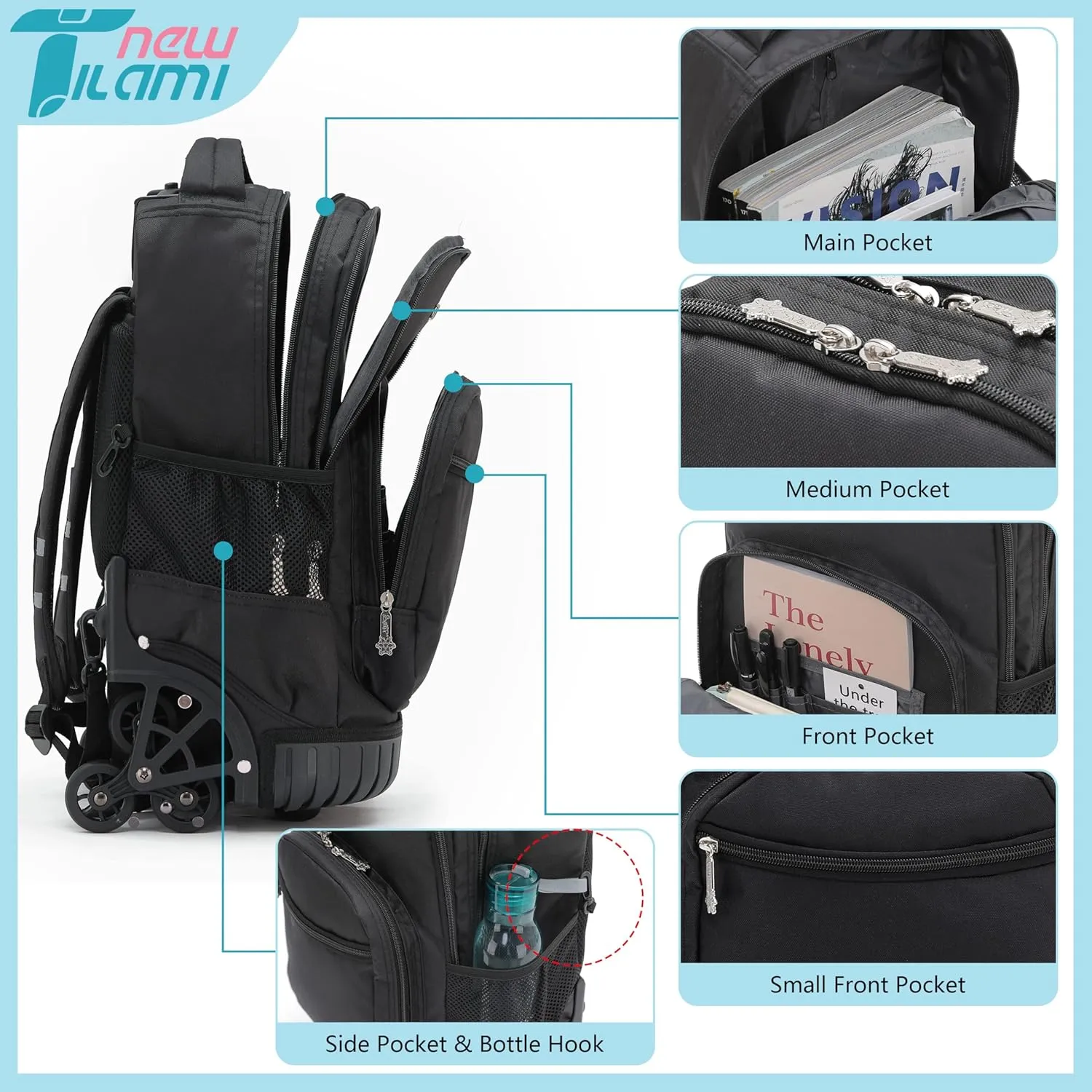 NEW TILAMI 18 Inches Black Rolling Backpack for Kids Adjustable Laptop Backpack with Wheels for Girls to School Travel Camping Boys Rolling Backpack