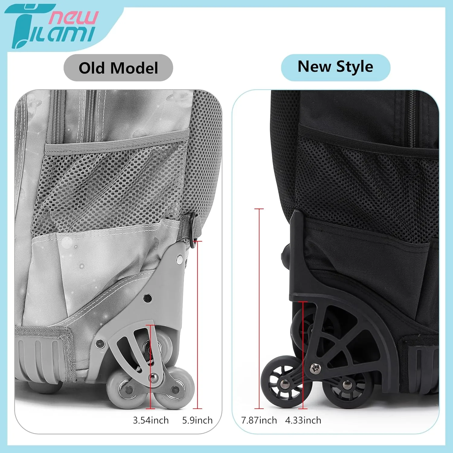 NEW TILAMI 18 Inches Black Rolling Backpack for Kids Adjustable Laptop Backpack with Wheels for Girls to School Travel Camping Boys Rolling Backpack