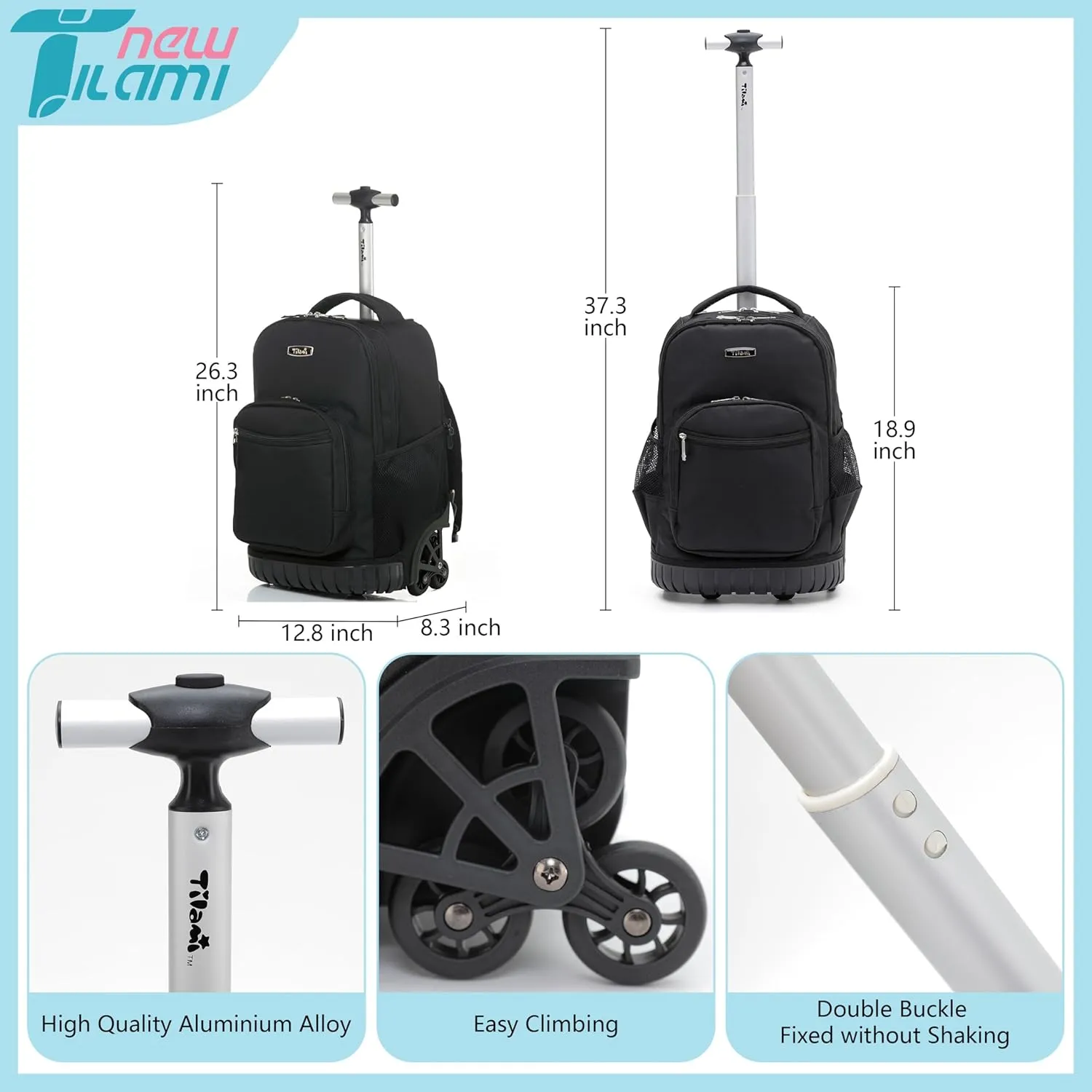 NEW TILAMI 18 Inches Black Rolling Backpack for Kids Adjustable Laptop Backpack with Wheels for Girls to School Travel Camping Boys Rolling Backpack