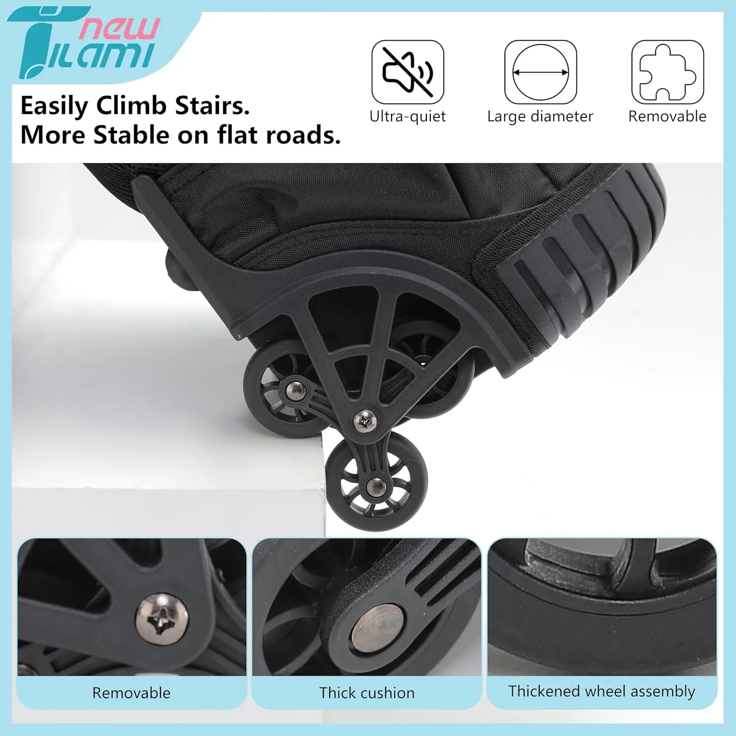 NEW TILAMI 18 Inches Black Rolling Backpack for Kids Adjustable Laptop Backpack with Wheels for Girls to School Travel Camping Boys Rolling Backpack