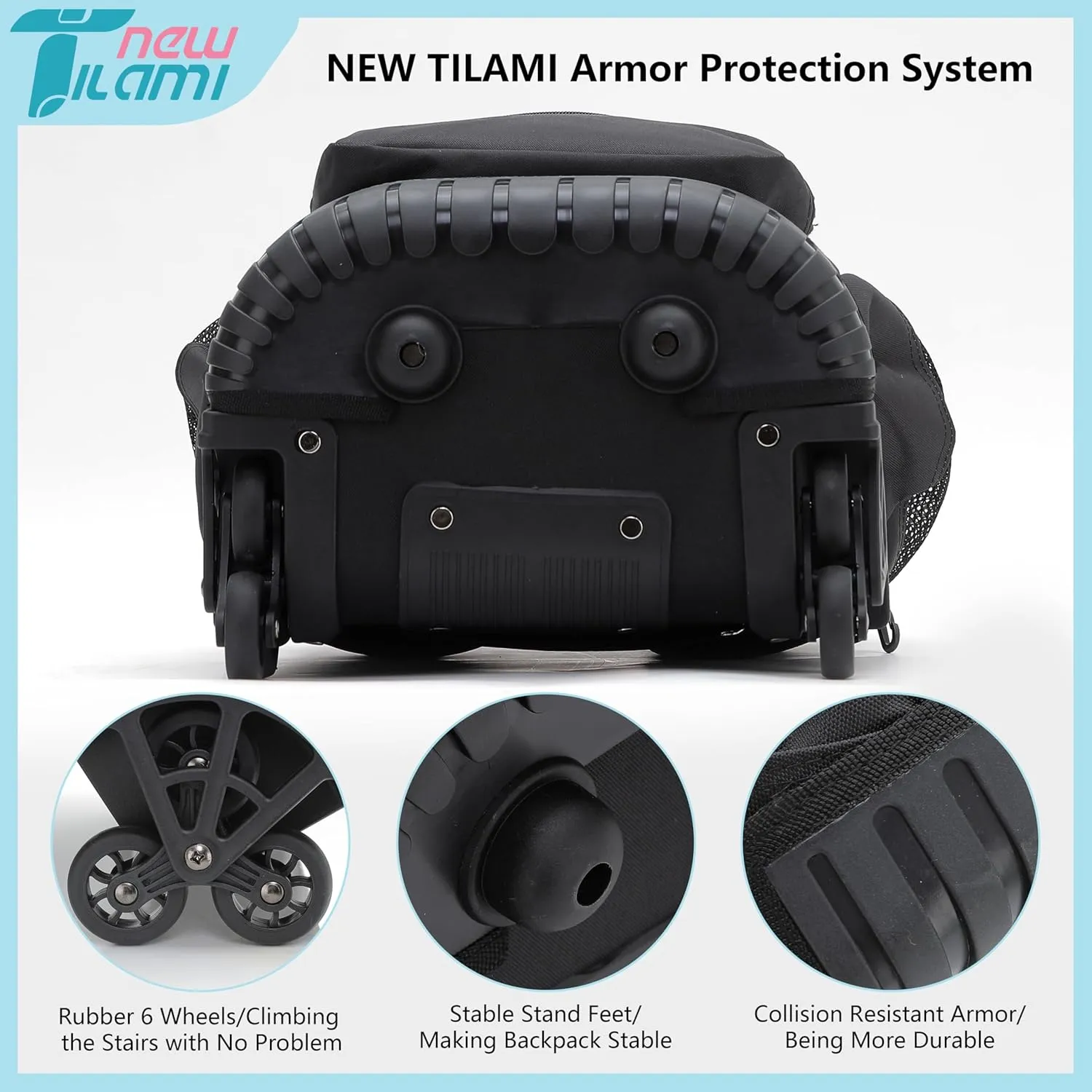 NEW TILAMI 18 Inches Black Rolling Backpack for Kids Adjustable Laptop Backpack with Wheels for Girls to School Travel Camping Boys Rolling Backpack