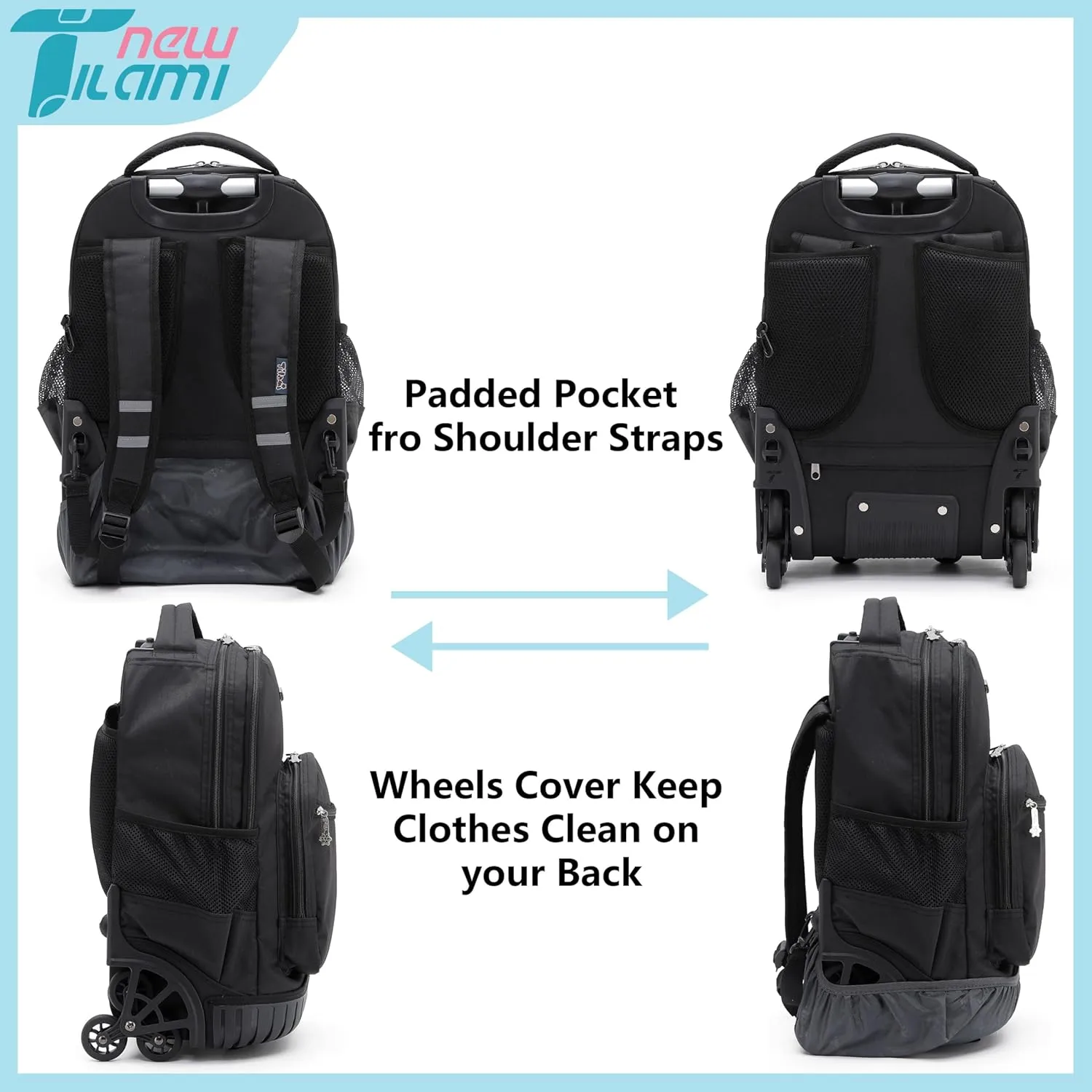 NEW TILAMI 18 Inches Black Rolling Backpack for Kids Adjustable Laptop Backpack with Wheels for Girls to School Travel Camping Boys Rolling Backpack