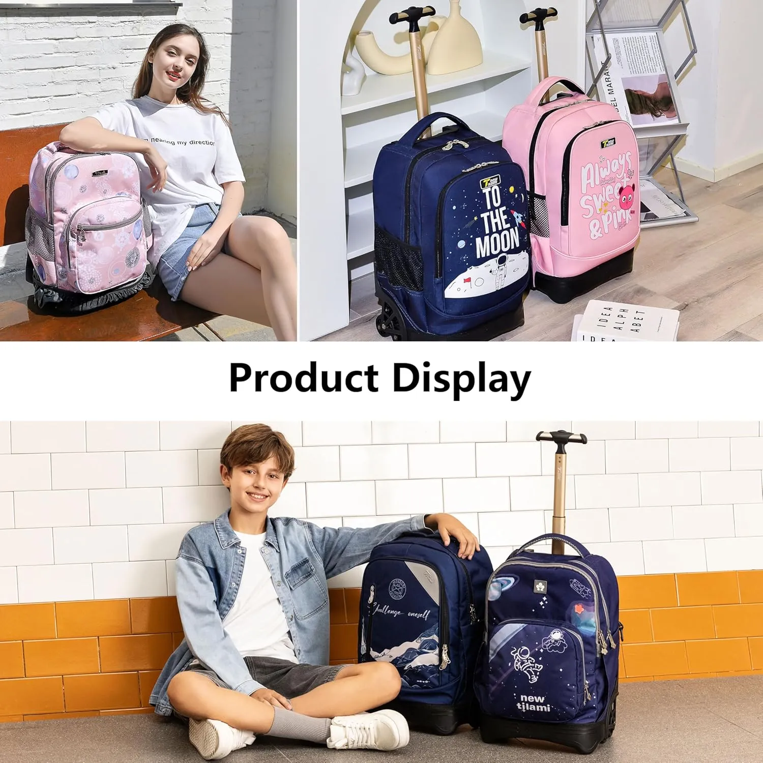 NEW TILAMI 18 Inches Black Rolling Backpack for Kids Adjustable Laptop Backpack with Wheels for Girls to School Travel Camping Boys Rolling Backpack