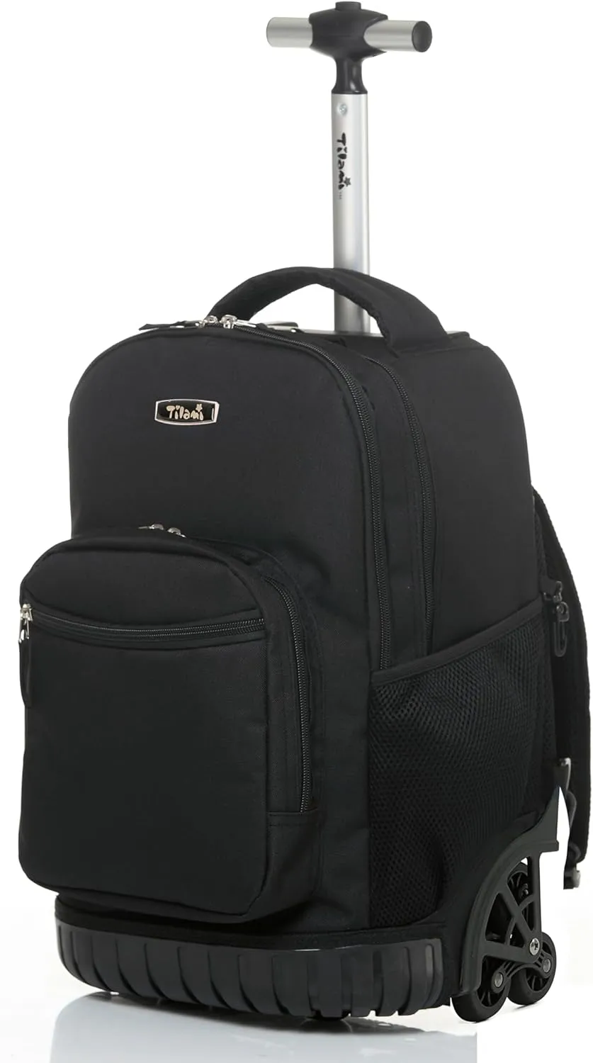 NEW TILAMI 18 Inches Black Rolling Backpack for Kids Adjustable Laptop Backpack with Wheels for Girls to School Travel Camping Boys Rolling Backpack