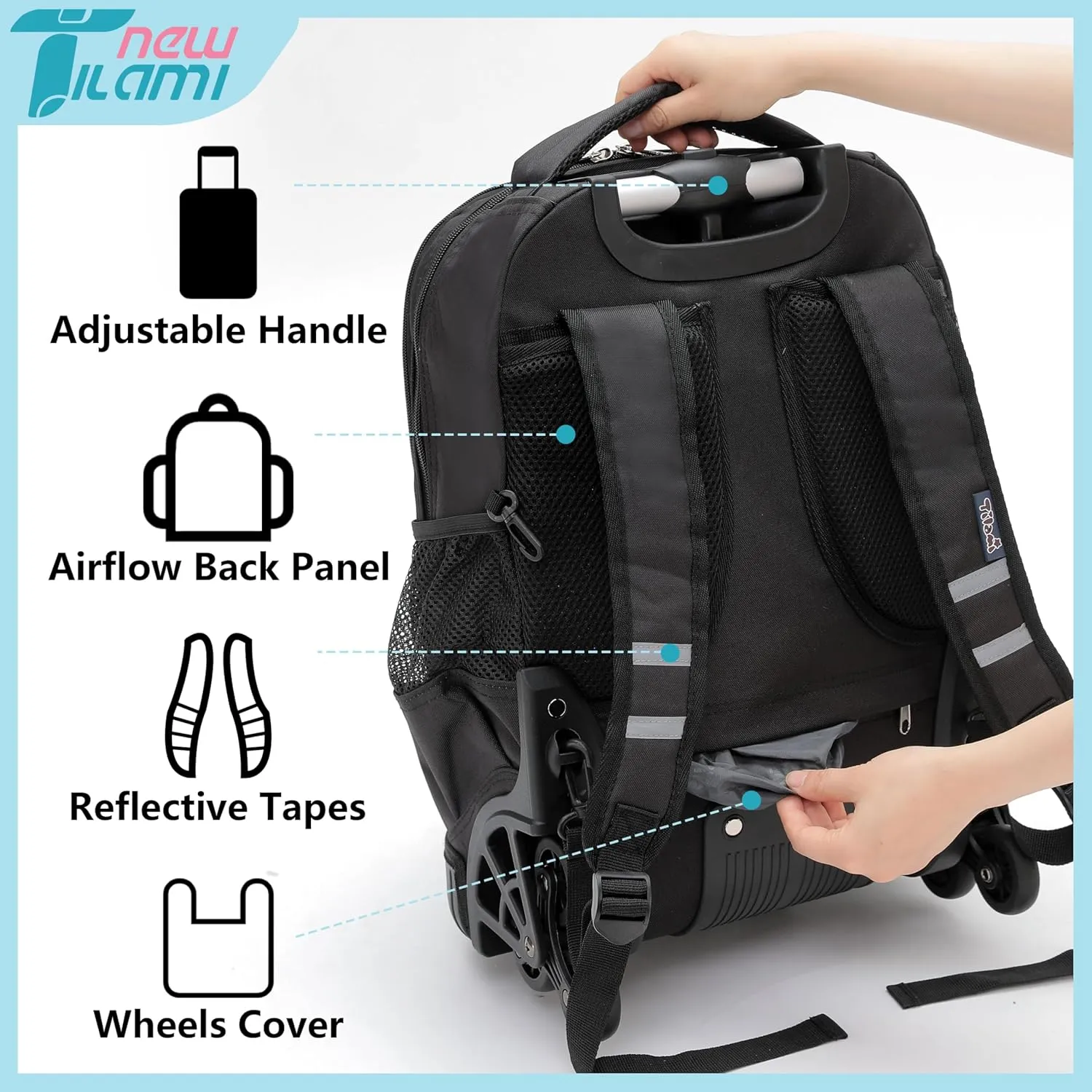 NEW TILAMI 18 Inches Black Rolling Backpack for Kids Adjustable Laptop Backpack with Wheels for Girls to School Travel Camping Boys Rolling Backpack