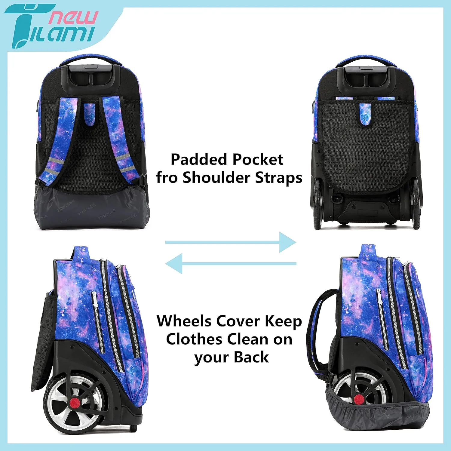 NEW TILAMI Rolling Backpack 19 inch with Lunch Bag Teens Cute Wheeled Computer Laptop Backpack Bookbag Roller Travel Bag College, Star Violet