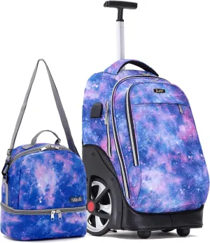 NEW TILAMI Rolling Backpack 19 inch with Lunch Bag Teens Cute Wheeled Computer Laptop Backpack Bookbag Roller Travel Bag College, Star Violet