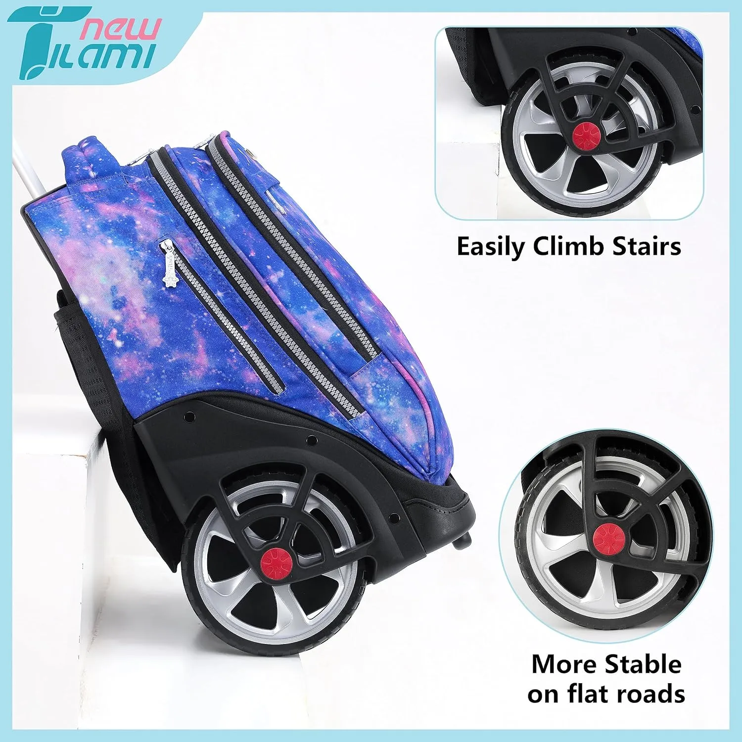 NEW TILAMI Rolling Backpack 19 inch with Lunch Bag Teens Cute Wheeled Computer Laptop Backpack Bookbag Roller Travel Bag College, Star Violet