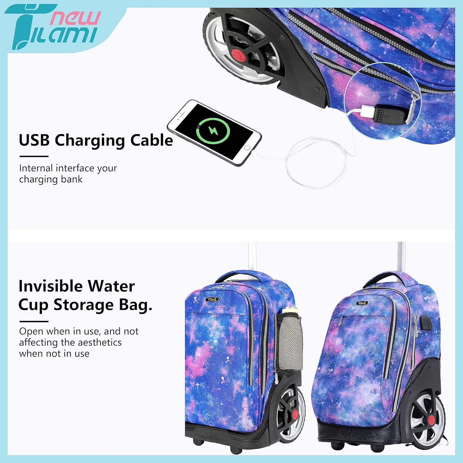 NEW TILAMI Rolling Backpack 19 inch with Lunch Bag Teens Cute Wheeled Computer Laptop Backpack Bookbag Roller Travel Bag College, Star Violet